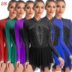 US Women Figure Ice Skating Irregular Hem Roller Skating Lyrical Dance Dress