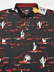 Puma MATTR Bushland Golf Polo Black Intense Red Mountains Desert Cactus NWT New