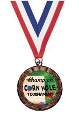 CORNHOLE MEDAL AWARD 2.5″ WINNER CHAMPION RED WHITE BLUE RIBBON FREE ENGRAVING