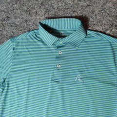Rhoback Mens Performance Polo Shirt Green Blue Striped Short Sleeve Small Golf
