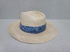 Vintage Blue Floral Accent Panama Style 100% Straw Hat One Size Fits All