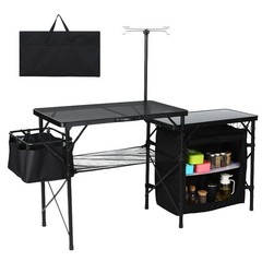 Portable Folding Camping Kitchen Table with Storage, Light Pole & Hooks (Black)