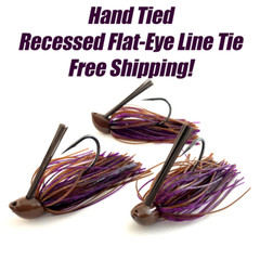 3 Hand-Tied, 1/2-oz., Brown-Orange Flake/Purple, Recessed Flat-Eye Flipping Jigs