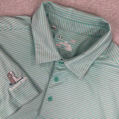 Under Armour Polo Shirt Mens L Loose Striped Teal Grey HeatGear Ranchland Hills