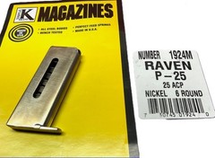 Raven Arms P-25 MP-25 .25 ACP 6 Rd. NICKLE Pistol Magazine Triple K # 1924M NKL