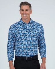 NWT MENS Ibkul Royal & Black Chaos Print Long Sleeve Polo – L XL XXL