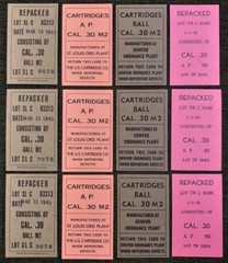 BALL AND A.P. CAL.30 M2 WWII NEW REPLICA BANDOLEER LOT CARDS- 4 LABELS / 12 PCS