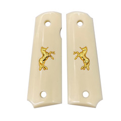 1911 Grips Full Size fit Colt Springfield Grips White Pearl W/Gold Horse & Screw