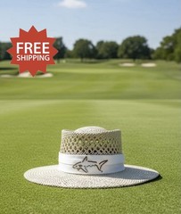 Greg Norman Signature Straw Hat w/ Embroidered Shark Logo White Band – Natural