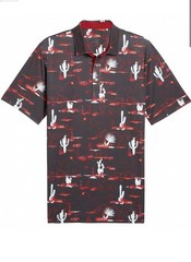 NWT Puma MATTR Bushland Golf Polo Black Red Mountains Desert Cactus Sz L $85