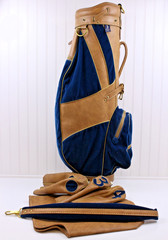 Vintage AMF Ben Hogan Vinyl Velvet Golf Bag Camel Brown Blue Cart Bag Hood Cover