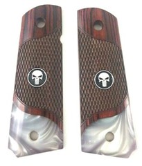 1911 Full Size Checkered Rosewood Grips Acrylic Pearl BOTTOM W/ BLACK PUNISHER