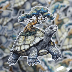 Japanese Tortoise w/ Bonsai Tree Sticker, Unique Handmade Nature-Inspired Design