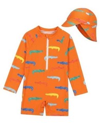 Baby Boy Rash Guard Swimsuit Set with Sun Hat, 18-24 Months Orange Crocodile