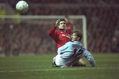 Eric Cantona Of Manchester United Watches The Ball After Tangling – Old Photo