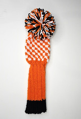 Bright Orange/White Checks, Pom, Driver Golf Club Head Cover Hand Knit