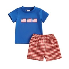 4th Of July Baby Boy Outfit Short Sleeve Embroidery Flag T 0-6 Months Blue