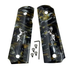 1911 Grips Full Size fit Colt Springfield Grips Black Pearl Silver Horse & Screw