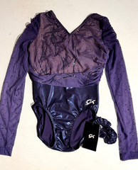 GK Elite Custom 4943 Competition Leotard AS Purple Navy Crystal Scrunchie – NWT