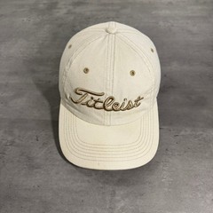 Vintage Titleist Golf Hat Cream Beige Gold Script Logo Adjustable Strap Cap