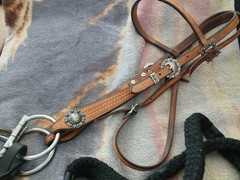 Custom browband bridle with Tom Balding D ring snaffle & loop rein, maker marked