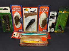 8 Vtg Rare Topwater Lures Moss Mouse Topknocker Devil’s Horse Spilled Ink Pop-R