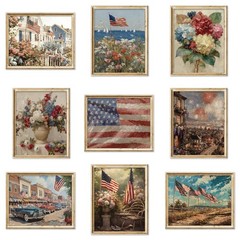 9 Pcs Patriotic Wall Art Prints Paper Posters American Flag Floral Oil Painting