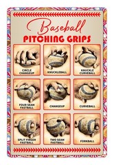 Boy’s Baseball Gifts Pitching Grips Sign 8 x 12 inches, Beige red