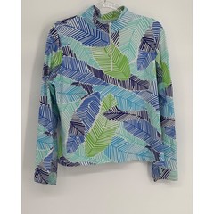 IBKUL Womens Long Slv Quarter Zip Sun Shirt Tropical Palm Print Blue Green Sz L