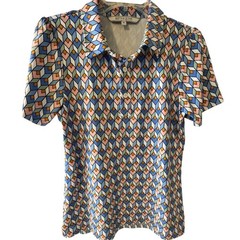 Smith & Quinn Womens M Geometric Diamond Print Short Sleeve Polo Top Blue Pink