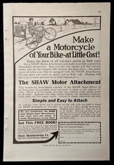 1921 Shaw Motor Attachment AD “Make a Motorcycle of Your Bike~at Little Cost”