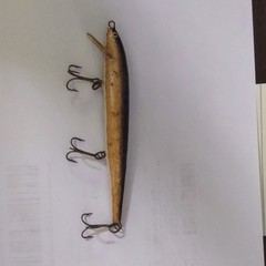 Vintage Wooden Minnow Crankbait Lure 6in 1/2oz Gold/Black 3 Treble 2ft