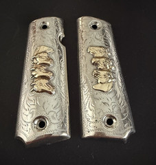 Vintage Engraved Silver/Gold Steel 1911 Grip Panels for Colt .45 ACP .38super