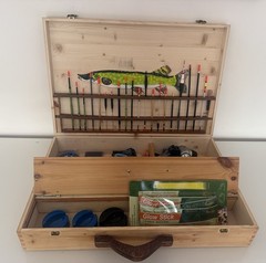Vintage Large 21” x 14” Handmade Wooden Fishing Tackle Box & Floats, Hooks etc