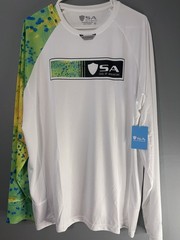 SA Company long-sleeve performance fishing shirt with mahi-mahi print