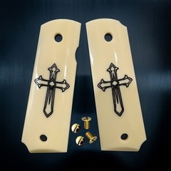 USA Sword & Blade 1911 Grips Faux Ivory Custom Celtic Cross Full Size Screws