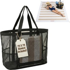 SunSpot 2-in-1 Mesh Beach Bag Includes 7ft X 7ft Large Blanket, 60L family To…