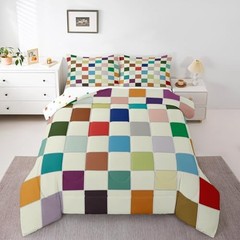 Kids Rainbow Checkered Comforter Set Colorful Plaid King Beige Red Blue Pink