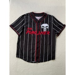 Marvel Mens Medium Baseball Jersey Black Pinstripe The Punisher Skull Graphic