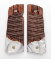 Checkered Rosewood / Pearl Accent – 1911 Custom Pistol / Gun Grips – Full Size