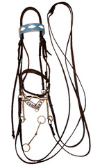 Vtg 70s English Leather Full Bridle Saddleseat 2 Snaffles Blue Diamond Browband