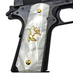 Colt white pearl 1911 grips gold metal horse for Government Commander full size