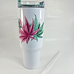 Stainless Steel Travel Tumbler 30oz Botanical Leaf Teal Handle
