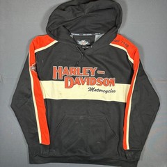 Harley Davidson Colorblock Hoodie Sweatshirt Black Orange Cream Mens XL Grunge