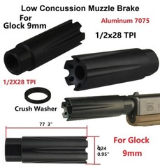 Linear Muzzle Brake Compensator 1/2×28 TPI AL7075 T6 For 9mm Anodized Black