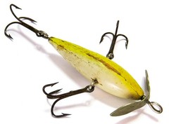 Unknown 3-Hook Weighted Belly 2-1/2″ Wood Minnow Fishing Lure, Chartreuse/White