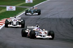 Malaysia GP 2002 Jacques Villeneuve BAR Honda 004 leads team mate – Old Photo